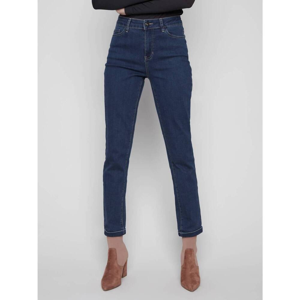 NEW CHARLIE B cuffed hem slim 5-pocket stretch denim jeans in dark blue